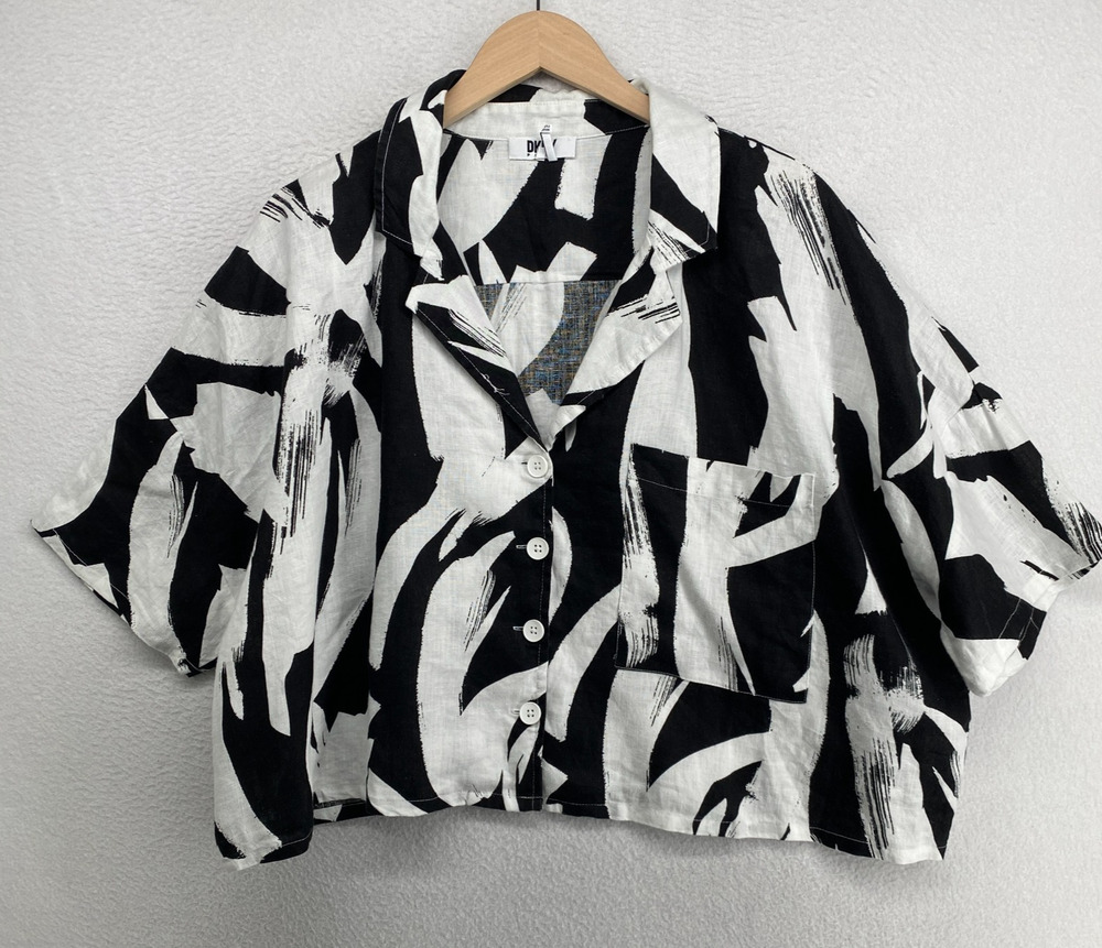 DKNY Top XL Pure Linen Cropped Boxy Shirt Brushstroke Print Button Up Black Vtg